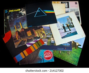 ZAGREB , CROATIA - AUGUST 31 - collection of old vinyl records of rock group Pink Floyd , product shot
