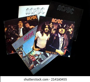 ZAGREB , CROATIA - AUGUST 31 - collection of old vinyl records of rock group AC/DC , product shot