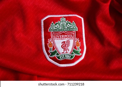 ZAGREB, CROATIA - AUGUST 8, 2017. - English football club Liverpool FC emblem on jersey. 