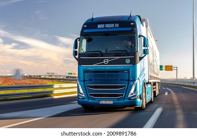 Zagreb, Croatia - December 07, 2020 - Brand new Volvo FH500 I-Save driving fast on a motorway. I-Save lets you drive at lower revs and higher gear for a longer time with 10% less fuel consumption.