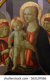 ZAGREB, CROATIA - DECEMBER 08: Unknown Italian painter: Madonna and Child with St. Cosmas and Damian, Old Masters Collection, Croatian Academy of Sciences, December 08, 2014 in Zagreb, Croatia