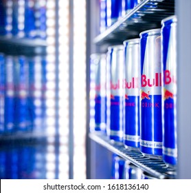 Zagreb, Croatia - December 12, 2019: Red Bull Energy Drink In Cans In A Fridge