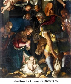 ZAGREB, CROATIA - DECEMBER 12: Unknown artist: Nativity, Adoration of the shepherds, exhibited at the Great Masters renesnse in Croatia, opened December 12, 2011. in Zagreb, Croatia