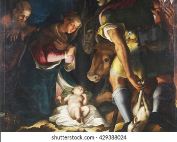 ZAGREB, CROATIA - DECEMBER 12: Unknown artist: Nativity, Adoration of the shepherds, exhibited at the Great Masters Renaissance in Croatia, opened December 12, 2011. in Zagreb, Croatia