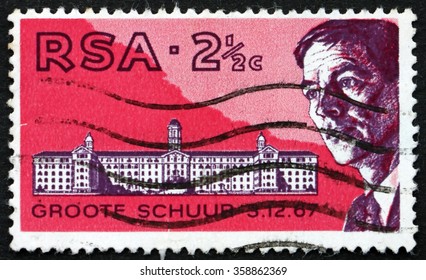 ZAGREB, CROATIA - DECEMBER, 2015: A Stamp Printed In South Africa Shows Groote Schuur Hospital And Dr. Christiaan Barnard, 1st Heart Transplant Operation, Circa 1969