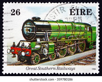 ZAGREB, CROATIA - DECEMBER, 2015: A Stamp Printed In Ireland Shows Macha, Great Southern Railways, Irish Railways Sesquicentenary, Circa 1984