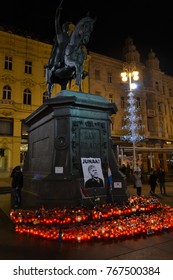 ZAGREB, CROATIA - DECEMBER 2.2017: General Slobodan Praljak Picture And Candles At Ban Jelacic Monument At The Main Jelacic Square After His Suicide In The Hague Court.