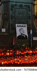 ZAGREB, CROATIA - DECEMBER 2.2017: General Slobodan Praljak Picture And Candles At Ban Jelacic Monument At The Main Jelacic Square After His Suicide In The Hague Court.