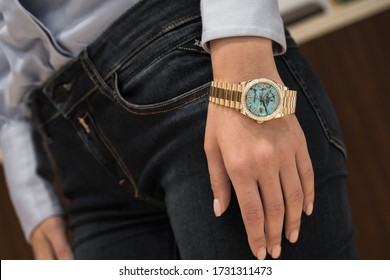 Zagreb, Croatia, December 24, 2019, Woman Wearing Rolex Ladies Day Date Gold.  Illustrative Editorial.