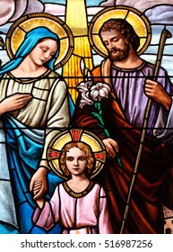 ZAGREB, CROATIA - DECEMBER 28: Holy Family, stained glass window in the Parish Church of the Visitation of the Virgin Mary in Zagreb, Croatia on December 28, 2015.