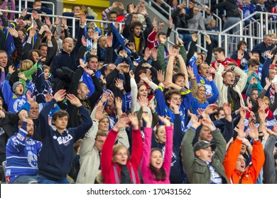 ZAGREB, CROATIA - DECEMBER 29, 2013: KHL League - Medvescak Zagreb VS Vityaz Podolsk Chekhov. Medvescak Supporters Making The Longest Mexican Wave For  Guinness World Record.