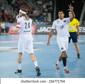 ZAGREB, CROATIA - DECEMBER 9, 2014: EHF Men's Champions League, Match Between HC Zagreb And HC Paris Saint-Germain. Mikkel HANSEN (24) And Daniel NARCISSE (25)