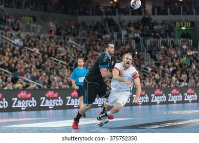 ZAGREB, CROATIA - FEBRUARY 10, 2016- EHF CHAMPIONS LEAGUE -PPD Zagreb VS Paris Saint Germain. PSG Mikkel Hansen (24) Against Leon Susnja (19).