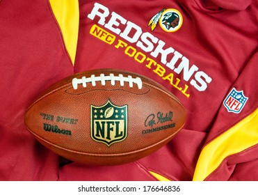 ZAGREB , CROATIA - FEBRUARY 14, 2014 :  NFL Washington redskins club equipment with NFL official ball, product shot