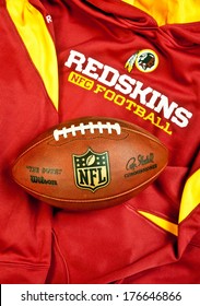 ZAGREB , CROATIA - FEBRUARY 14, 2014 :  NFL Washington Redskins Club Equipment With NFL Official Ball, Product Shot