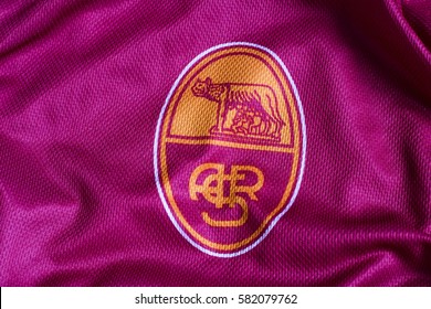 ZAGREB, CROATIA - FEBRUARY 18, 2017. - Italian Football Club AS Roma Emblem On Football Jersey.