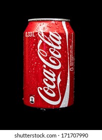 ZAGREB , CROATIA - JANUARY 15 ,2014 :  0,33 L Aluminium Can Of Coca-cola, Leading Soft Drink Brand In The World On Black Background, Product Shot