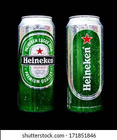 ZAGREB , CROATIA - JANUARY 15 ,2014 :  Alluminium Can Of Heineken Beer Front And Back On Black Background , Product Shot