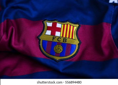 ZAGREB, CROATIA - JANUARY 15, 2017. - FC Barcelona, spanish football club, emblem on FC Barcelona jersey.