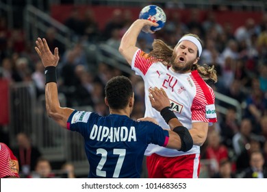 ZAGREB, CROATIA - JANUARY 29, 2018: EHF EURO Croatia 2018, Bronze Medal Match. France VS Denmark. Mikkel HANSEN (24) And Adrien DIPANDA (27)