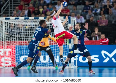 ZAGREB, CROATIA - JANUARY 29, 2018: EHF EURO Croatia 2018, Bronze Medal Match. France VS Denmark. Mikkel HANSEN (24) Shooting At Goal.