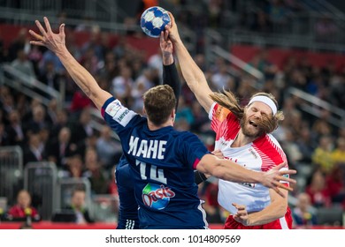 ZAGREB, CROATIA - JANUARY 29, 2018: EHF EURO Croatia 2018, Bronze Medal Match. France VS Denmark. Mikkel HANSEN (24) And Kentin MAHE (14)