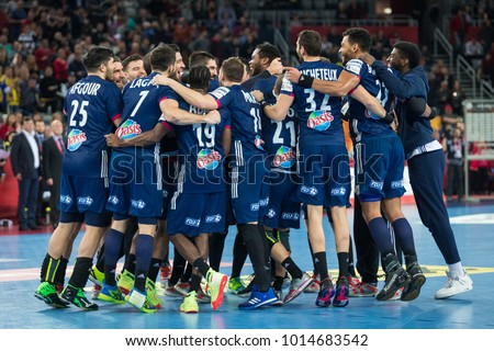 ZAGREB, CROATIA - JANUARY 29, 2018: EHF EURO Croatia 2018, Bronze medal match. France VS Denmark. French team celebrating bronze medal.