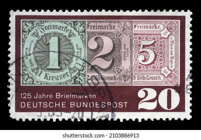 ZAGREB, CROATIA - JULY 03, 2014: Stamp printed in Germany showing three antique stamps by Thurn and Taxis, 125th anniversary of the introduction of postage stamps in Great Britain, circa 1965