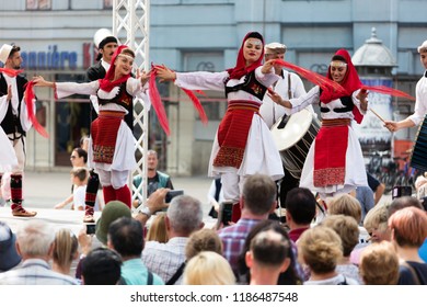 Zagreb, Croatia, July 22, 2018: Croatian Folk Dancers In Traditional Clothing, Performing On The Ban Jelacic Square During The 52nd International Folklore Festival In Zagreb, Croatia