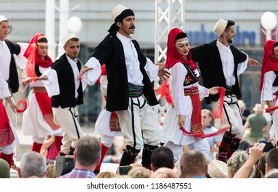 Zagreb, Croatia, July 22, 2018: Croatian Folk Dancers In Traditional Clothing, Performing On The Ban Jelacic Square During The 52nd International Folklore Festival In Zagreb, Croatia