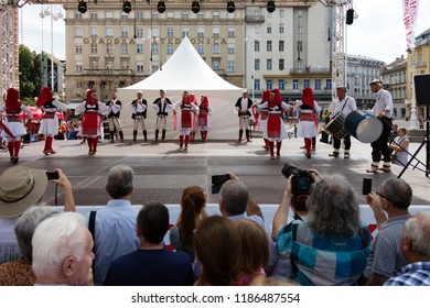 Zagreb, Croatia, July 22, 2018: Croatian Folk Dancers In Traditional Clothing, Performing On The Ban Jelacic Square During The 52nd International Folklore Festival In Zagreb, Croatia