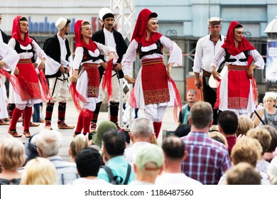 Zagreb, Croatia, July 22, 2018: Croatian Folk Dancers In Traditional Clothing, Performing On The Ban Jelacic Square During The 52nd International Folklore Festival In Zagreb, Croatia