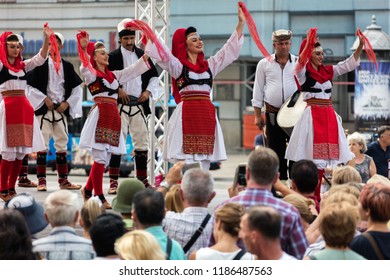 Zagreb, Croatia, July 22, 2018: Croatian Folk Dancers In Traditional Clothing, Performing On The Ban Jelacic Square During The 52nd International Folklore Festival In Zagreb, Croatia