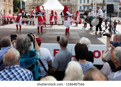 Zagreb, Croatia, July 22, 2018: Croatian Folk Dancers In Traditional Clothing, Performing On The Ban Jelacic Square During The 52nd International Folklore Festival In Zagreb, Croatia