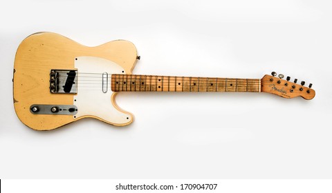 ZAGREB , CROATIA - JUN 10, 2010 : old vintage wooden Fender telecaster guitar on white background , product shot