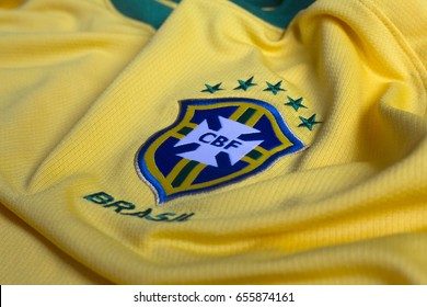 ZAGREB, CROATIA - JUNE 08, 2017. - Brazilian Football Confederation emblem on football jersey. 