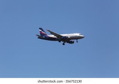 ZAGREB, CROATIA - JUNE 10: Airbus A319, registration VP-BWA of Aeroflot landing on Zagreb Airport Pleso on June 10, 2015.