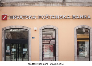ZAGREB, CROATIA - JUNE 17: 2021: Hrvatska Postanska Banka logo on their Zagreb office. HPB Hrvatska Postanska banka is a Croatian retail and commercial bank from Croatian Post.