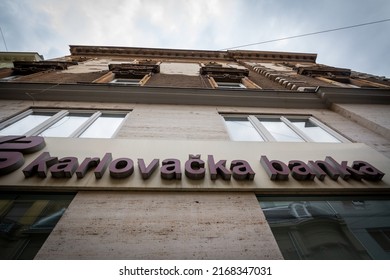ZAGREB, CROATIA - JUNE 17: 2021: Karlovacka Banka logo on their Zagreb office. Karlovacka banka is a Croatian retail and commercial bank from karlovac.