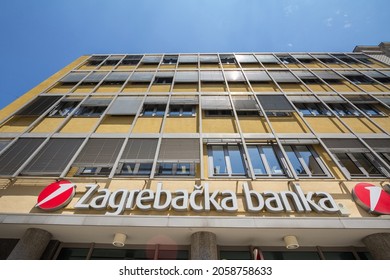 ZAGREB, CROATIA - JUNE 18, 2021: Zagrebacka Banka logo on their main office. Part of Unicredit group from Italy, Zagrebacka Banka is a Croatian retail and commercial bank.