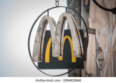 ZAGREB, CROATIA - JUNE 18, 2021: McDonald's Logo With Its Iconic M In Front Of A One Of Their Hamburger Fast Food Restaurants Of Zagreb. Mc Donalds Is A Fastfood Chain.

