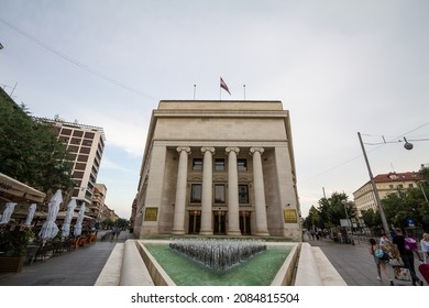 ZAGREB, CROATIA - JUNE 19, 2021: Hrvatska Narodna HNB on their headquarters in Zagreb. HNB, or Croatian national bank, is Croatia's Central bank in charge of the currency  the economy.