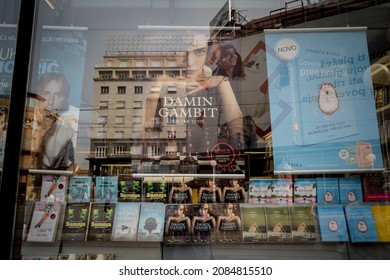 ZAGREB, CROATIA - JUNE 19, 2021: Reflexion Over A Poster Of The Queen's Gambit Novel By Walter Trevis, With  Portrait Of Anya Taylor Joy. Called Damin Gambit In Croatian, It Became A Netflix Series. 
