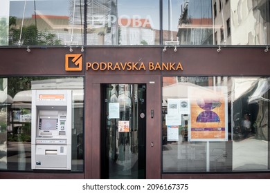 ZAGREB, CROATIA - JUNE 20 2021: Podravska Banka logo on their Zagreb office. POBA Podravska Banka is a Croatian retail and commercial bank.