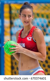 ZAGREb, CROATIA - JUNE 23, 2017: Euro 2017 Beach Handball. The Netherlands VS France (M). Laura Scegne Braun (42) with the ball.