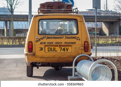 ZAGREB, CROATIA - MARCH 07, 2015: Trotters Independent Traders Reliant Regal as used in Only Fools and Horses. Only Fools and Horses is a British television comedy written by John Sullivan.