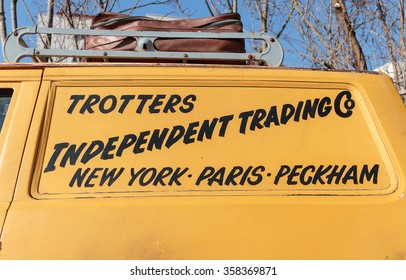 ZAGREB, CROATIA - MARCH 07, 2015: Trotters Independent Traders sign on Reliant Regal as used in Only Fools and Horses. Only Fools and Horses is a British television comedy written by John Sullivan.