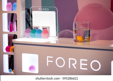 ZAGREB, CROATIA - MARCH 2, 2017: Close-up View Of Foreo's Display With LUNA Mini Facial Cleansing Brushes And IRIS Eye Massager