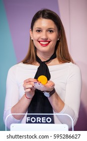 ZAGREB, CROATIA - MARCH 2, 2017: Hostess Presents Foreo LUNA Mini Facial Cleansing Brush At Foreo's Display