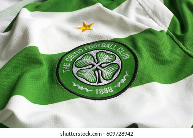 ZAGREB, CROATIA - MARCH 27, 2017. - Scottish Football Club Celtic Glasgow Emblem On Football Jersey. 